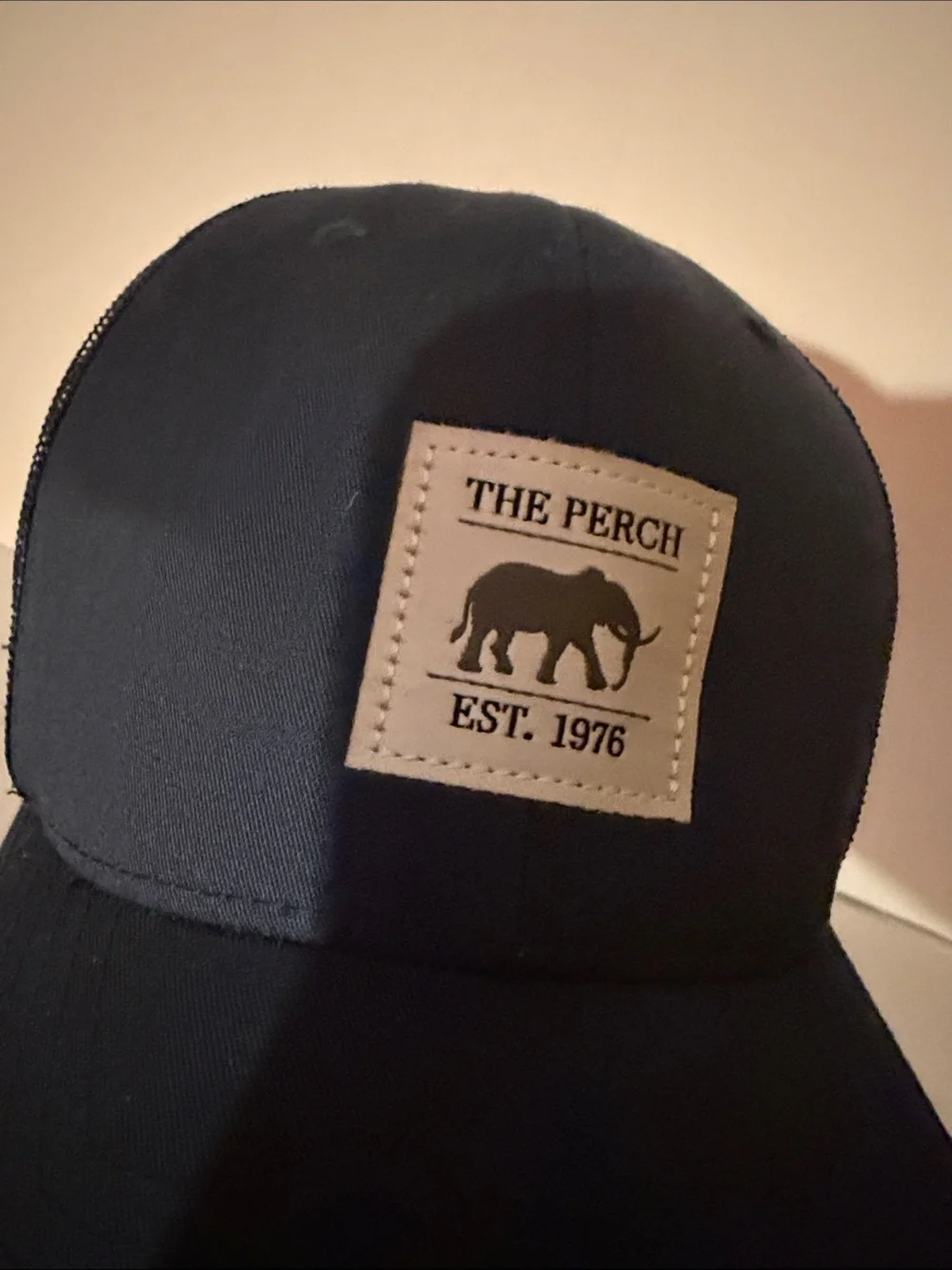 The Perch Est 1976 Elephant Trucker Hat Navy Mesh Snapback Baseball Cap